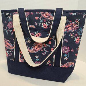Lands' End Medium Zip Top Canvas Tote in Navy Blue & Pink/Orange/Teal Paisley
